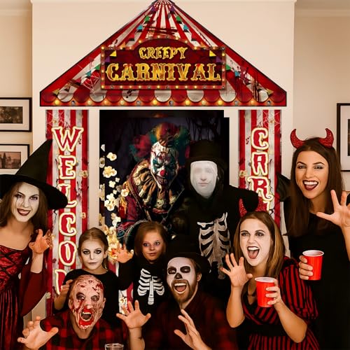 Halloween Circus Carnival Door Decorations Set - Evil Clown, Banner & Awning