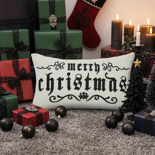 Goth Christmas Pillow Cover 12x20 Inch Spooky Holiday Decor Embroidery