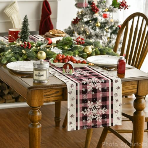 Artoid Mode Snowflakes Christmas Table Runner 13x72 Inch Pink for Holiday Decor