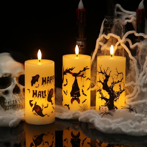 Yellow-Timer Flameless Halloween Ghost Bat Candles with 6H Timer Indoor Decor