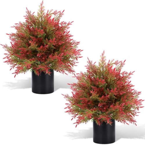 Artificial Fall Cedar Topiary Trees in Pot - Red & Green, 2 Pack Outdoor Faux Shrubs
