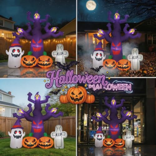 8FT Outdoor Halloween Inflatable Tree with LEDs and Creepy Scene