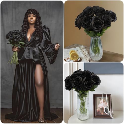 Black Artificial Roses Flowers - 12 Pcs Fake Silk Long Stem Bouquets for Halloween & Gothic Decor - Variation of 12-PCS / Black