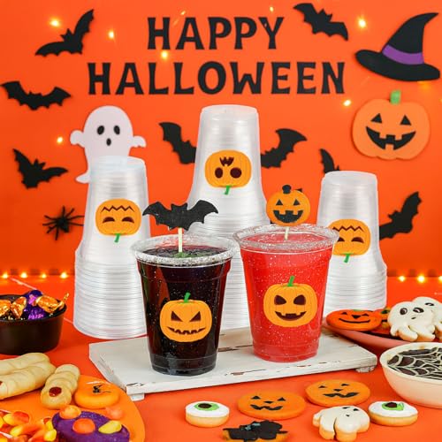 Halloween Plastic Cups 12oz Pumpkin Pattern 50-Pack - Clear Orange Party Supplies
