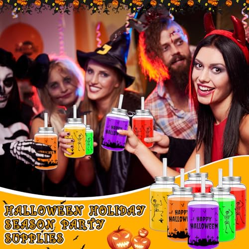 Halloween Skeleton Cups Set - Reusable 16 oz Skull Drinkware with Lids & Straws - 20 Pack