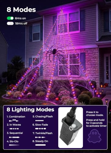 Brightown Halloween Decorations Outdoor - Orange & Purple Giant Spider Web Lights with 8 Modes