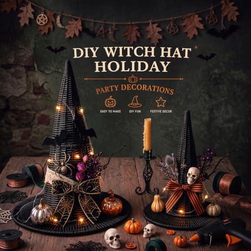 Chicingyou 2 PCS Halloween Rattan Witch Hat Decorations, 15" & 13",