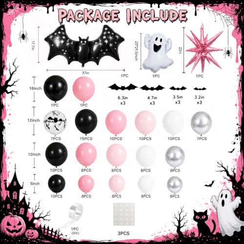 Halloween Balloon Garland Arch Kit with Ghost Bat Balloons - Black Pink Silver Variation