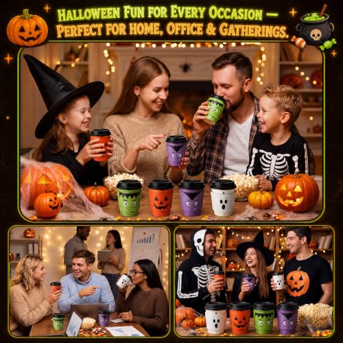 Halloween Disposable Coffee Cups with Lids & Sleeves - 8 oz Bulk Set
