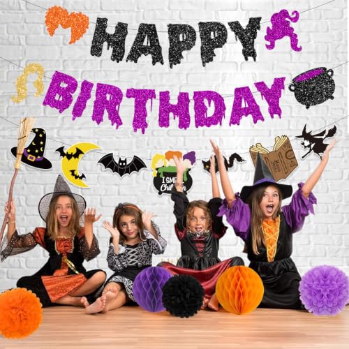 Halloween Birthday Banner Decorations Witches Glitter Black - 3 Pack