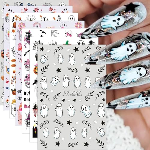 Halloween Pumpkin and Ghost Nail Stickers - Variation 05, Spooky Fall Nail Art Decals, 7 Sheets