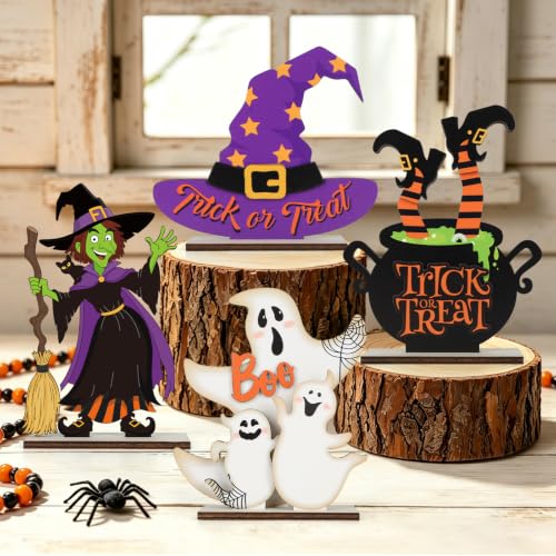 Halloween Wooden Table Centerpiece Signs - 4 Pack Rustic Ghost & Witch Decor with Variation Style 1