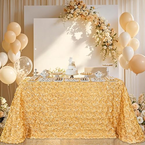 90x156 Inch Light Gold Satin Rosette Tablecloth - 3D Floral Wedding Cover