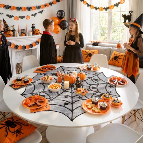 40-Inch Halloween Spider Web Round Tablecloth - Black Lace Spooky Decor