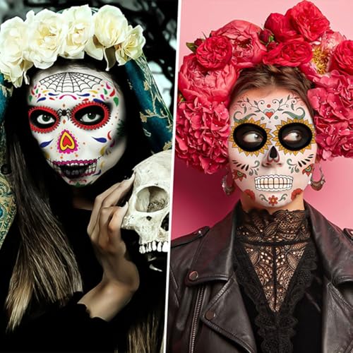 Halloween Temporary Face Tattoos Kit - 13 Pack Sugar Skull & Skeleton Designs