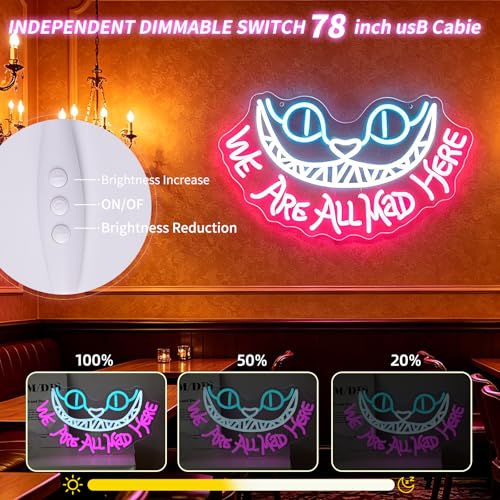 Pink We Are All Mad Here Neon Sign for Wall Decor, Party & Wedding Decoration, Cat LED Light, Personalized Gift