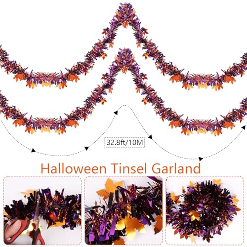 Purple Halloween Tinsel Garland 33ft Glitter Maple Decor for Home & Party