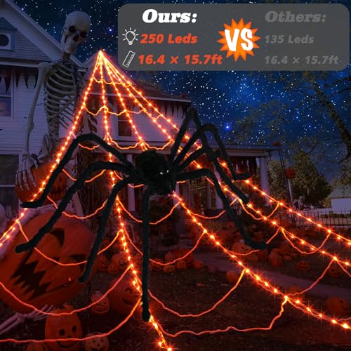 Halloween Spider Web Lights with Spider & Cobweb - Orange - 250LED Outdoor Decoration