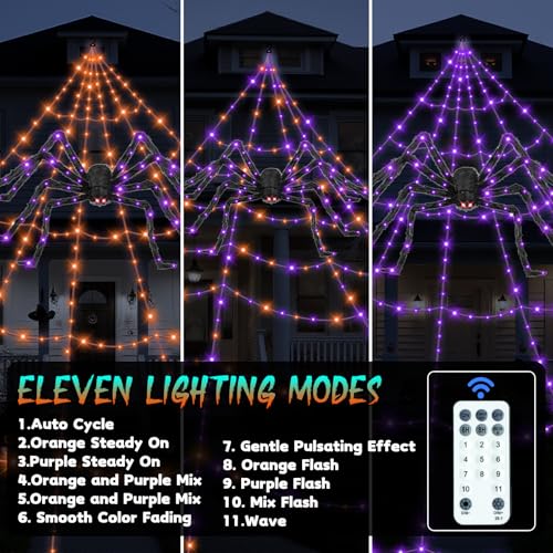 Halloween Outdoor Spider Web Lights with Giant Glowing Spider and 11 Lighting Modes
