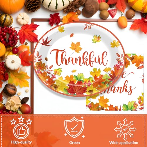 Thanksgiving Maple Leaf Paper Plates and Napkins Set - Fall Autumn Party Tableware, 50 pcs - Give Thanks
