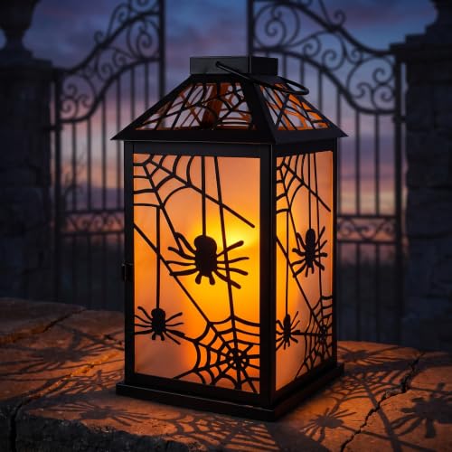 Halloween Candle Lantern with Spider Web Design - Indoor & Porch Decor, Spooky Spider Variation