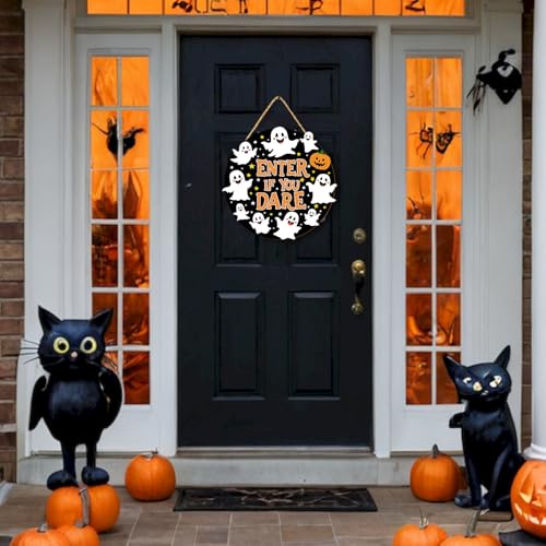 Halloween Wall Decor Sign - Enter If You Dare Wooden Ghost & Pumpkin Set