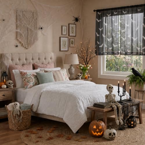 Black Sheer Window Valance 52x14 Inches Pack of 2 - Bats Halloween Decor