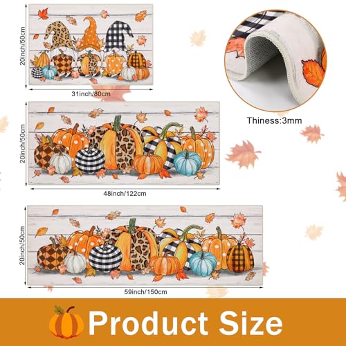 Fall Kitchen Rug Set of 3 - Washable Pumpkin and Plaid Runner Mats with Non-Slip Backing - Leopard Pumpkins Variation