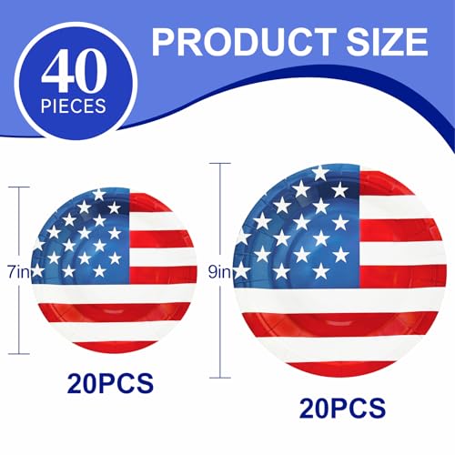 4th of July Party Plates Set - 40pcs Disposable Dinner & Dessert Plates - Independence Day Tableware