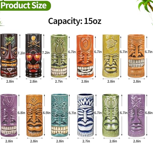 Set of 12 Large Ceramic Tiki Mugs for Cocktails and Hawaiian Parties
