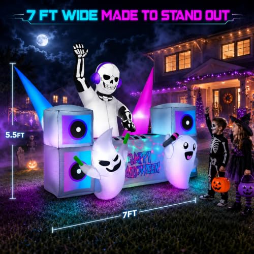 7FT Halloween Inflatable Skeleton DJ Party Yard Decoration with Multi-Color LED Lights