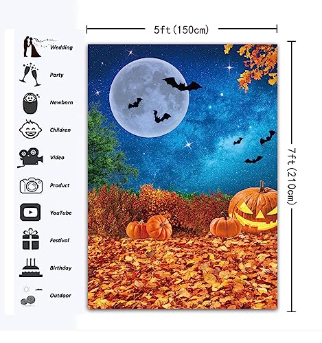 Halloween Photography Backdrop 5x7FT Moonlight Pumpkin Leaves Birthday Photo Wall - Fall Theme