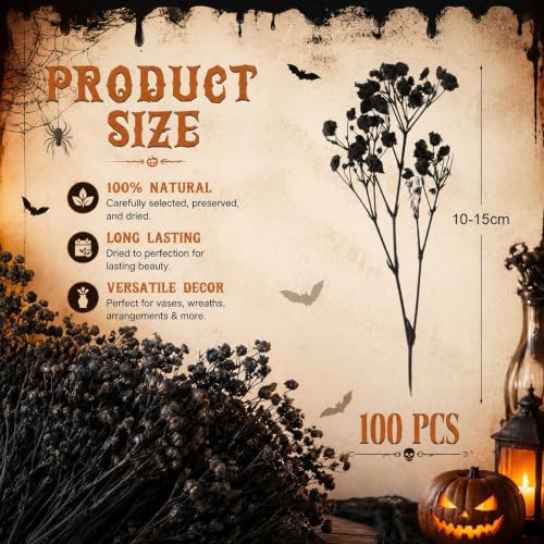 Black Mini Dried Baby's Breath Flowers - 100 Sticks for Craft & Decor - Halloween Gothic