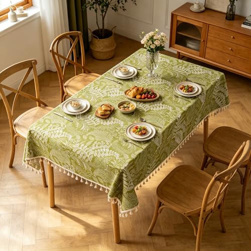 Dimatic Green Botanical Leaf Tablecloth - 55x71 Inch Rectangular Boho Cotton Linen with Tassels