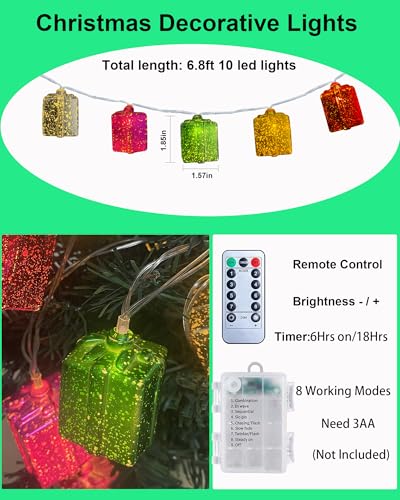 Battery Powered Christmas String Lights with Gift Box Design - 6.8 Feet, 10 LEDs, 8 Modes