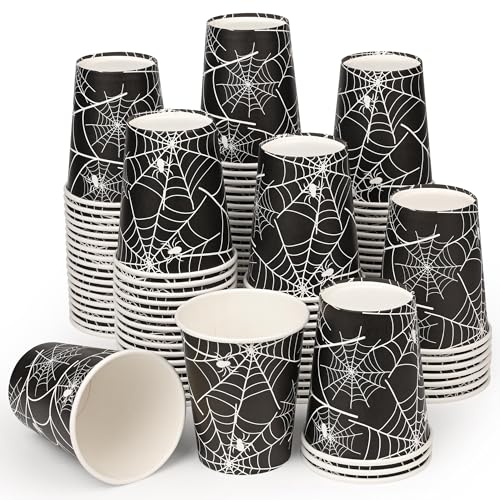 Halloween Disposable Paper Cups 9oz Spiders Web Design Black White 100 Pack - Party Supplies