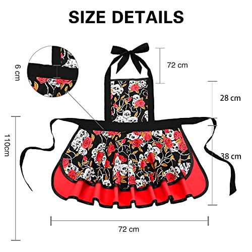 Vintage Halloween Apron for Women - Red Flower Retro Kitchen Dress with Ruffle & Skeleton Design