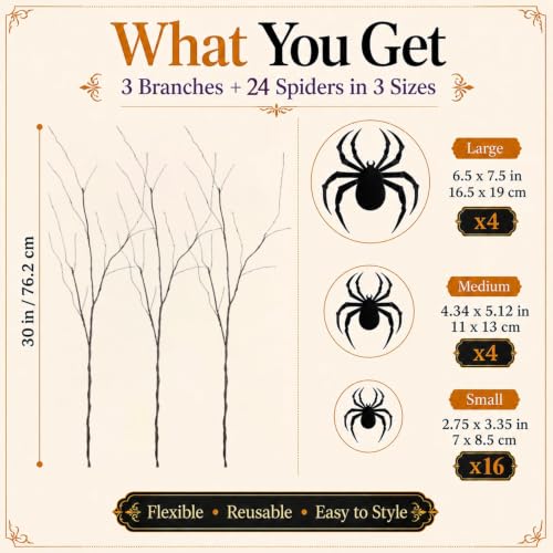30 Inch Halloween Spider Branch Decor with 3D Black Spider Stickers