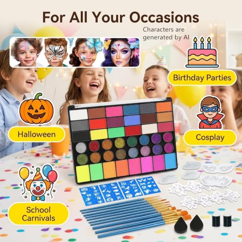 Kids & Adults Water-Activated Face Painting Kit - 42 Colors, Brushes & Stencils