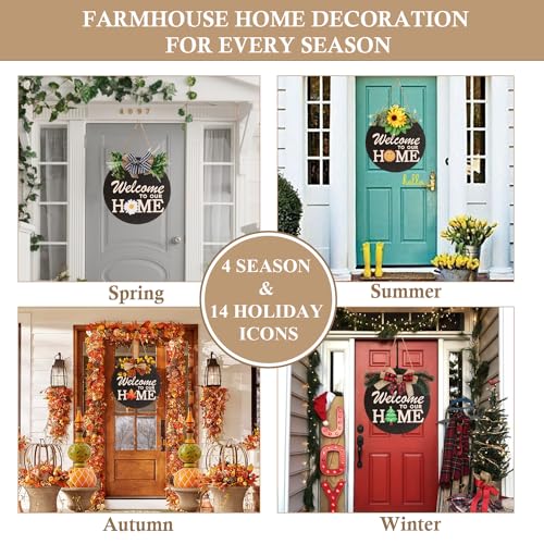 Interchangeable Seasonal Welcome Sign with 4 Wreaths & 14 Holiday Icons - Rustic Wooden Front Door Decor