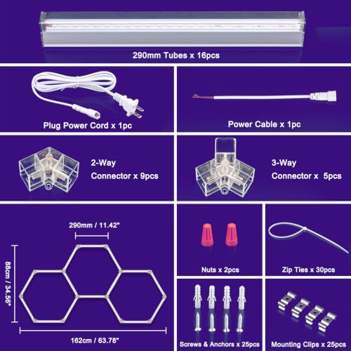 LED UV Black Lights Fixture for Neon Glow Party - 3 Hexagon Grids