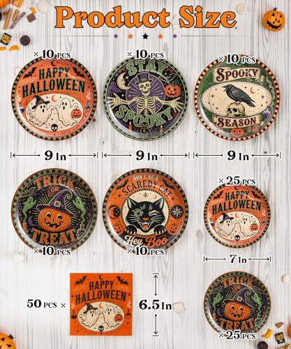 Heavy-duty Halloween Paper Plate & Napkin Set - Black Orange Mix, Round 9in & 7in, Disposable Party Supplies with Spooky Gothic Design