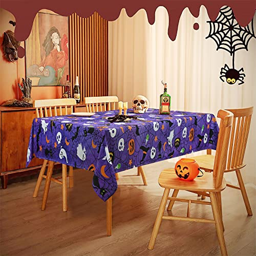 Halloween Tablecloth with Spider Web and Pumpkin Pattern - Waterproof, Spillproof, Rectangular 84x60 inches - Purple