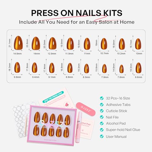 Short Almond Press-On Nails - Burnt Orange Cat Eye Nails - Maple Syrup 1E