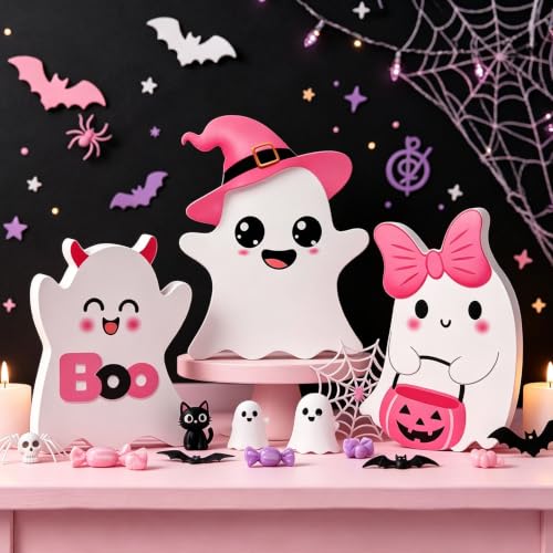 Halloween Ghost Decorations Set - 3 Pink Indoor Spooky Decor with Variation D