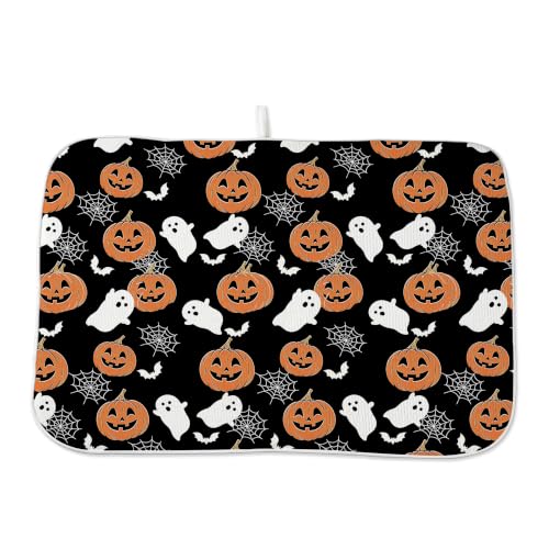 Halloween Pumpkin Ghost Spider Web Dish Drying Mat 18 x 24 Inch Black Spooky Cartoon Print - Pack of 1