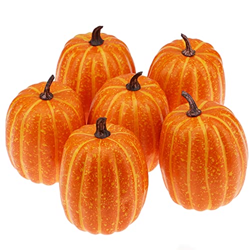 Artificial Orange Pumpkin Set - 6 Faux Fall Decorations for Halloween & Thanksgiving
