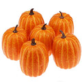 Artificial Orange Pumpkin Set - 6 Faux Fall Decorations for Halloween & Thanksgiving