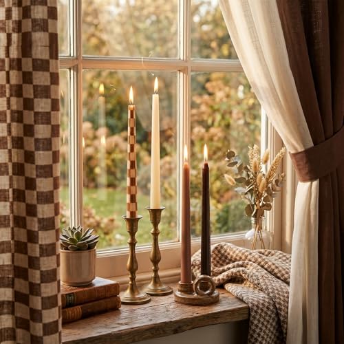 Fall Taper Candles Set - Brown Checkered 10 Inch Rustic Decor