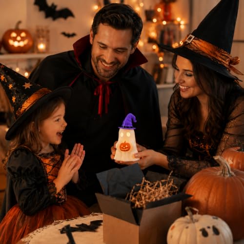 Halloween Ghost Decor with Pumpkin LED Light - Cute Spooky Seasonal Tabletop Accent